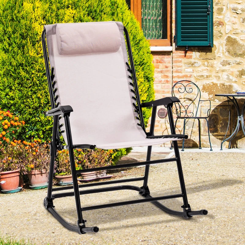 Beige Folding Rocking Outdoor Chair with Headrest