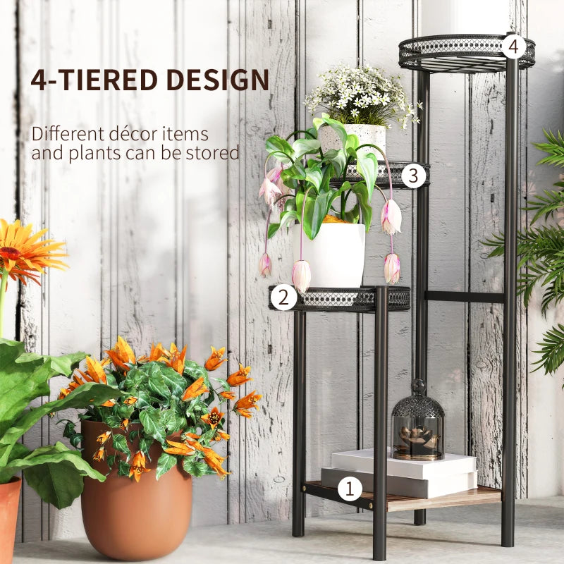 Four-Tier Black Steel Plant Stand - 4-Tier Indoor/Outdoor Flower Shelf