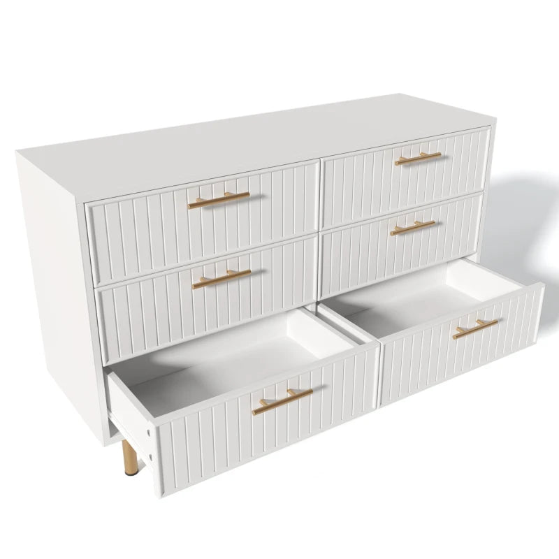 Modern White Sideboard Cabinet for Living Room - 6-Drawer Chest with Metal Base & Decorative Handles, 120x40x75.5 cm