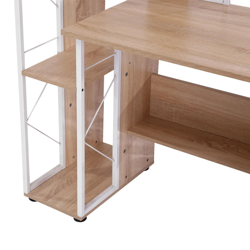 Oak Computer Desk with Drawers & Bookshelf - Stylish Writing Desk for Home Office & Study Workstation with Storage Shelves