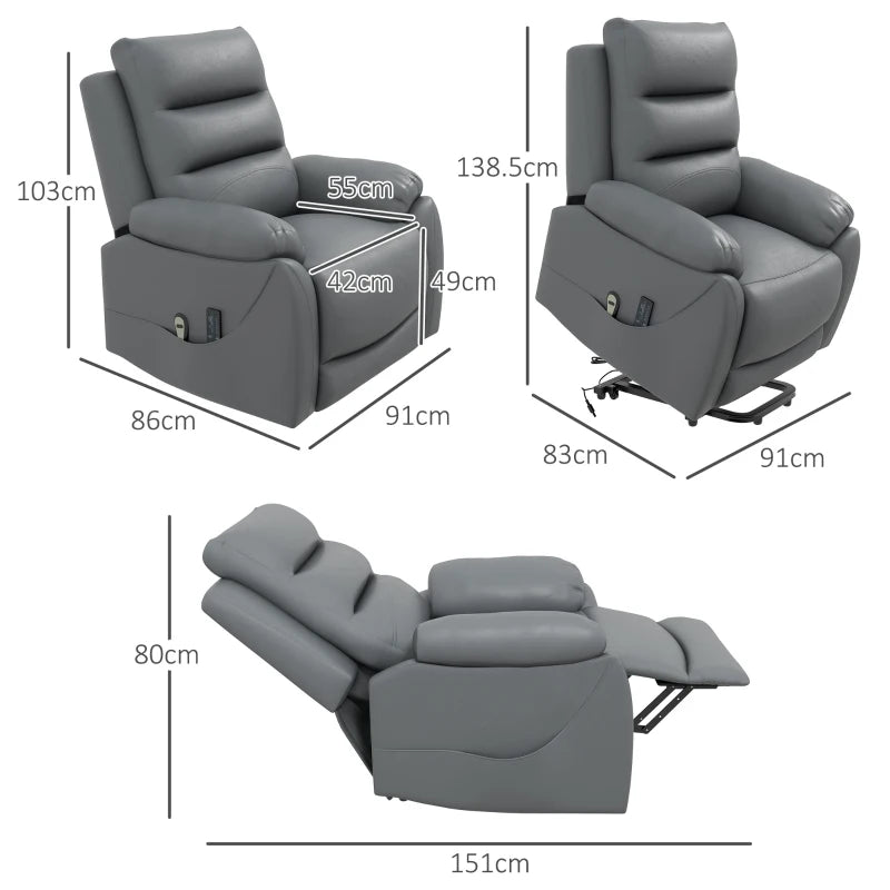 Electric Riser Recliner Chair for Elderly with 8 Vibration Massage, PU Leather, Side Pockets, Footrest, Grey