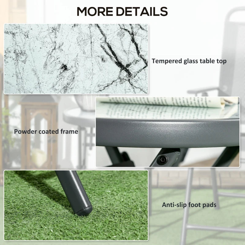 45cm Round Folding Garden Side Table - Outdoor Patio Coffee Table with Imitation Marble Glass Top - White