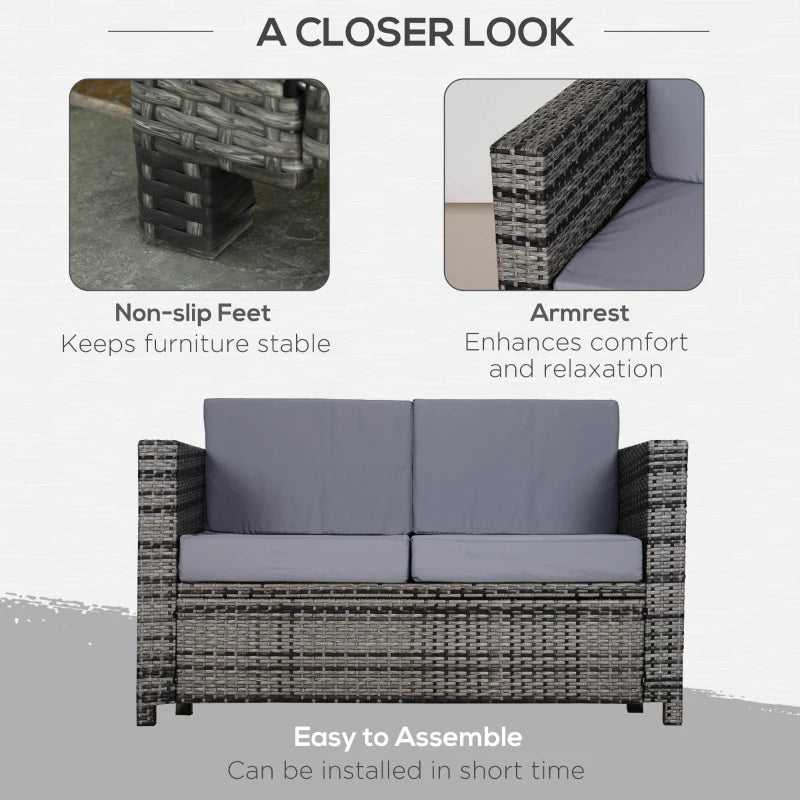 2 Seater Rattan Sofa in Mixed Grey - Soft Padded Cushion & Armrests