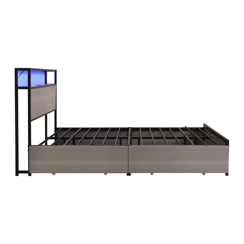 Metal Double Bed with LED Light Strip, 4 Drawers & 3 USB Ports - Stylish Gray Bedroom Furniture, 207x135.5x105 cm