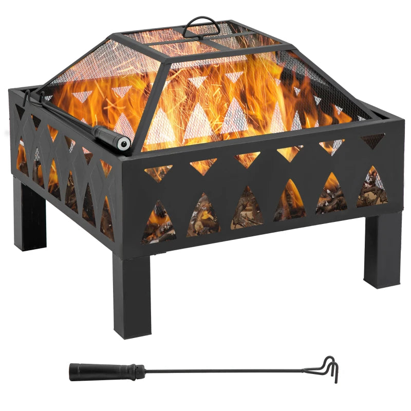 66cm Black Outdoor Fire Pit with Screen Cover & Poker - Wood Burning Firepit Bowl for Patio & Backyard