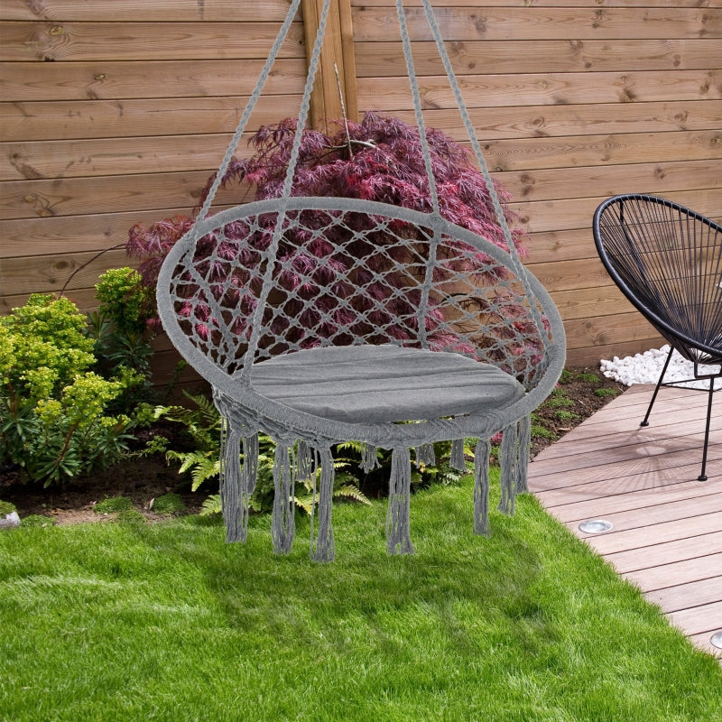 Grey Macrame Hanging Rope Chair with Cushion for Outdoor Patio