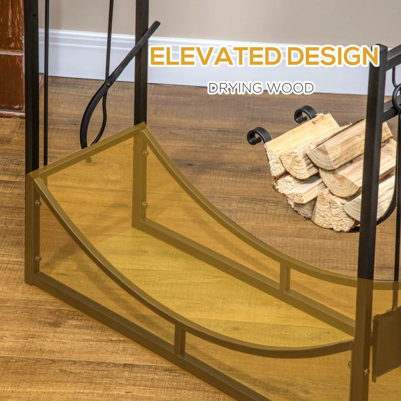 Metal Firewood Log Holder Rack - 2 Tier Indoor Outdoor Fireplace Storage with Tools & Hooks, Black, 84W x 33D x 76H cm