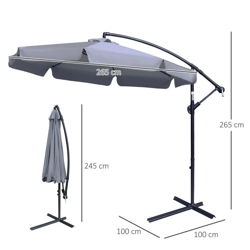 Dark Grey 2.7m Cantilever Garden Umbrella with Crank Handle and Cross Base