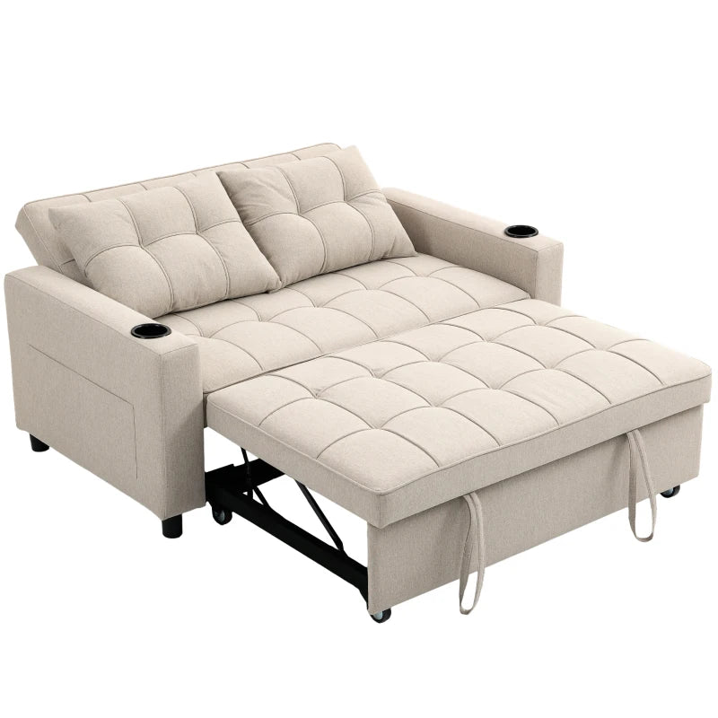 Beige Two-Seater Pull-Out Sofa Bed for Small Spaces