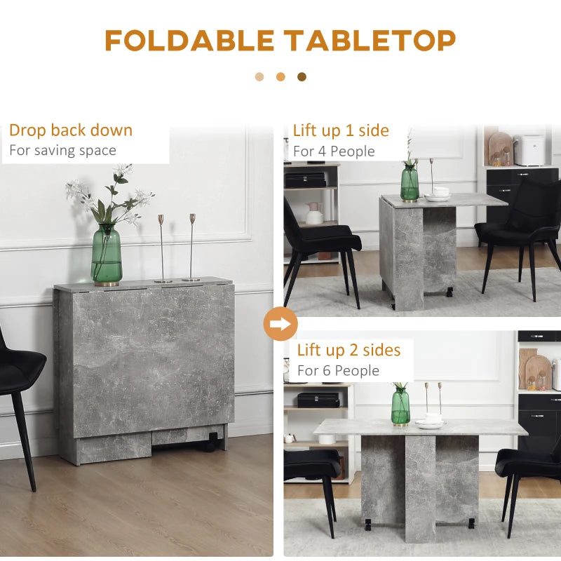 Folding Drop Leaf Dining Table with 2-Tier Shelves & Rolling Casters - Space-Saving Kitchen Table in Cement Grey