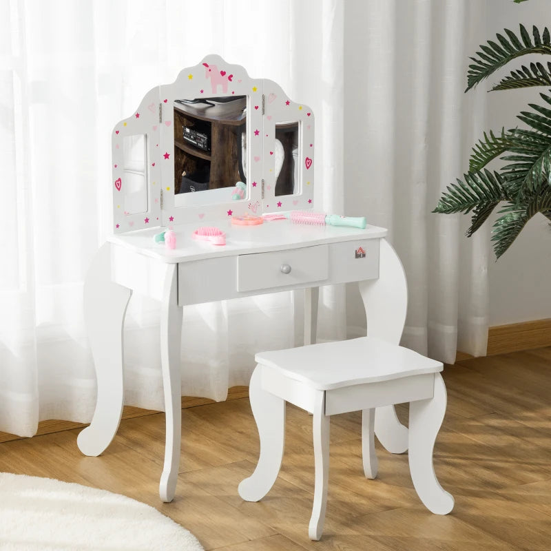 Kids Vanity Table Set with Tri-Folding Mirror and Stool Makeup Dressing Table with Drawer White