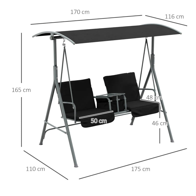 Black 2-Seater Patio Swing Chair with Tilting Canopy and Storage