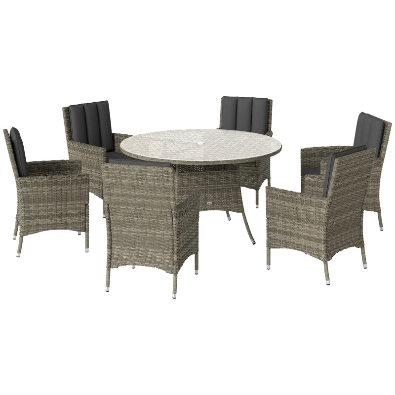 Light Grey Seven-Piece Rattan Dining Set with Round Glass Top Table for Outdoor Patio
