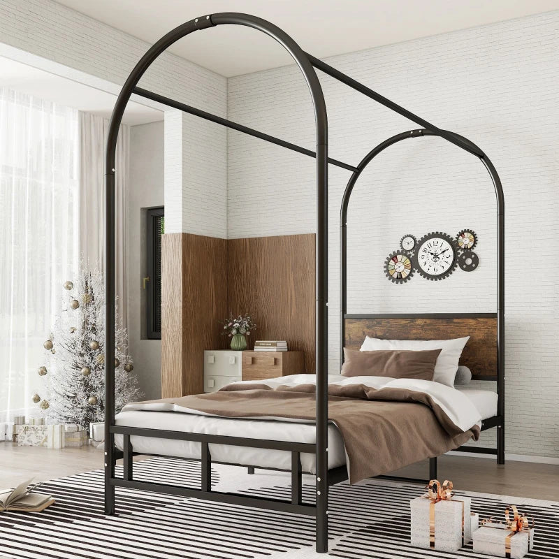 Durable Metal Canopy Bed Frame with Wood Headboard - Easy Self-Installation, Black, 195L x 90.5W x 192H cm
