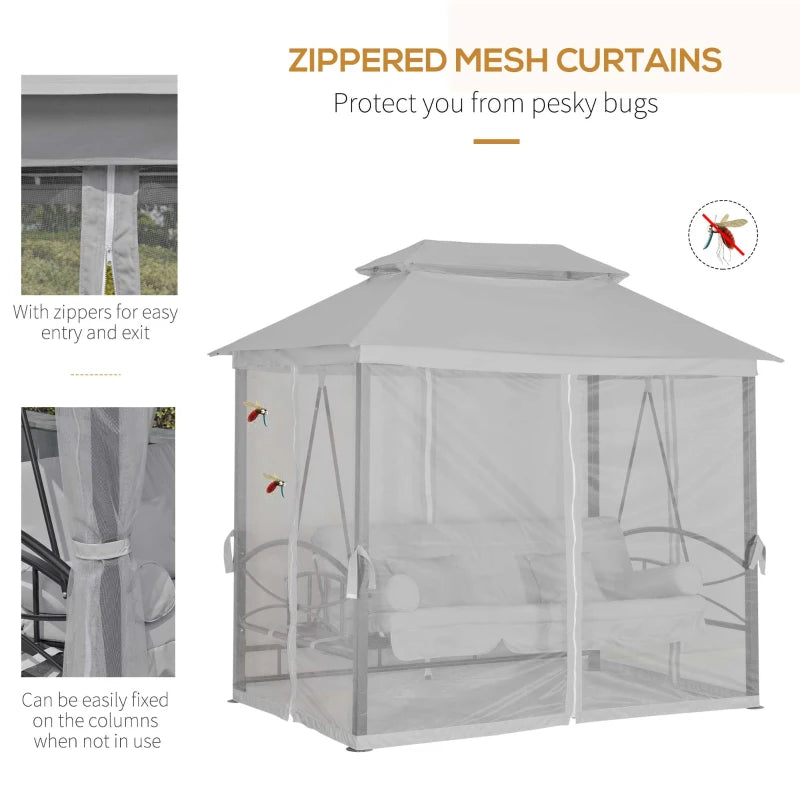 3 Seater Outdoor Swing Bed with Canopy, Cushioned Seat - Light Grey