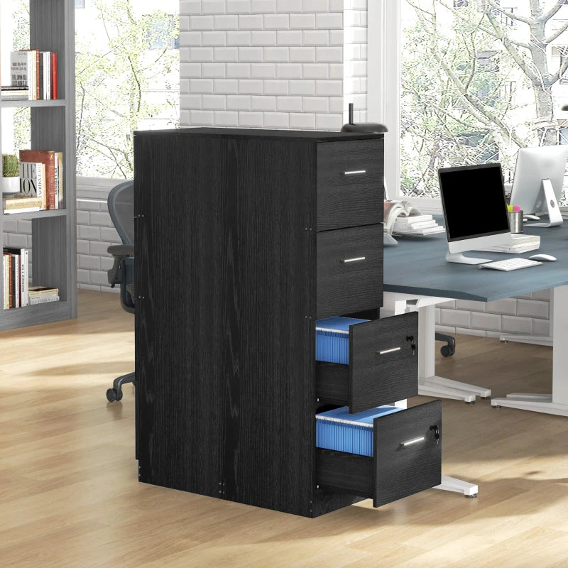Stylish Black Wood Effect Four-Drawer Lockable Filing Cabinet for Secure Document Storage - Ideal for Home or Office