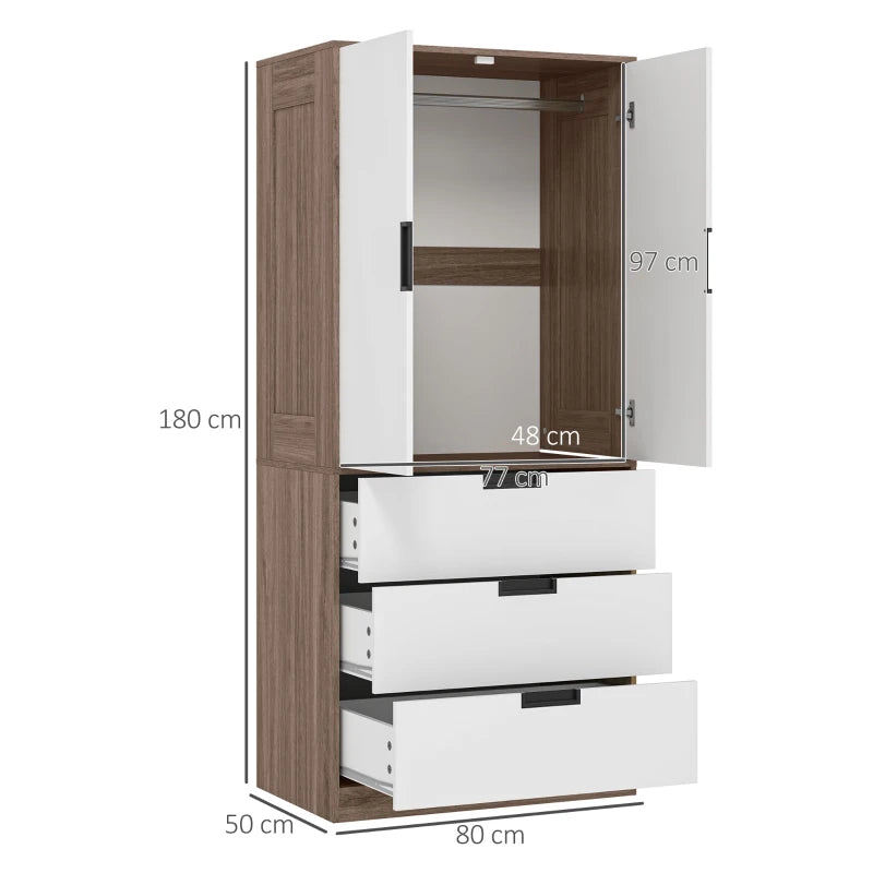 Stylish Two Door Wardrobe with Drawers for Bedroom Storage in White and Brown