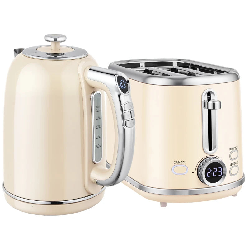 Polished Retro Cream Kettle and Toaster Set - Stylish 40-100°C Temperature Control for Modern Kitchens