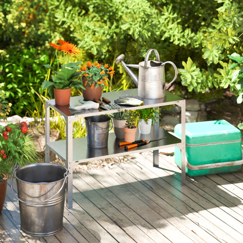 2 Tier Galvanised Steel Potting Bench Table - Silver Tone, 110 x 50 x 75 cm - Outdoor Garden Workstation with Storage Shelf for Patio and Greenhouse