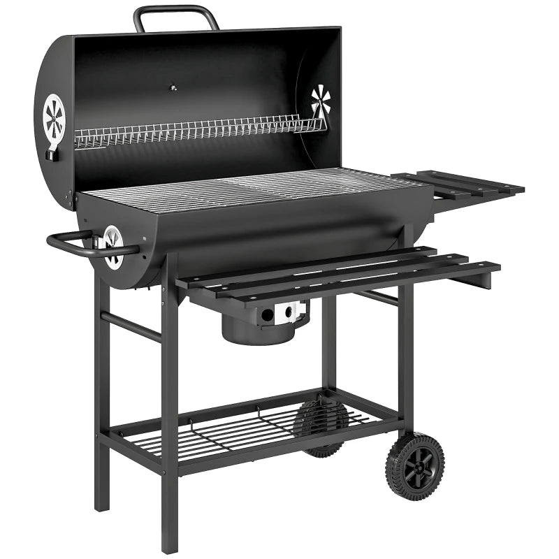 Portable Charcoal BBQ Grill with Foldable Shelf, Smoker, Temperature Gauge, Wheels for Outdoor Cooking