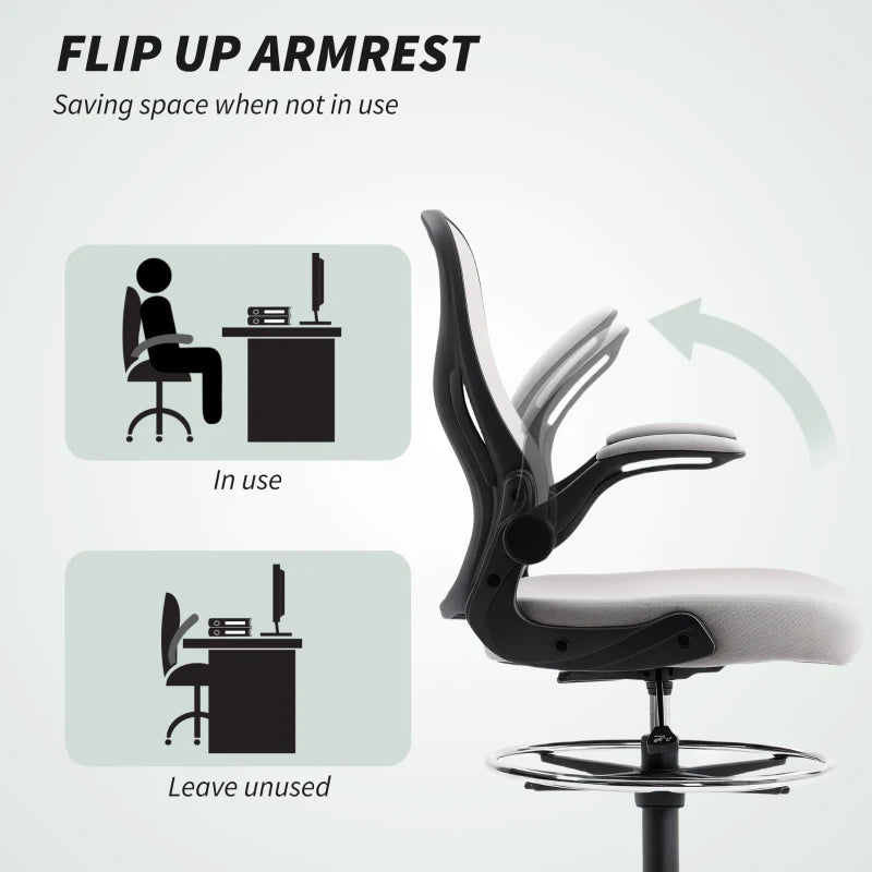 Vinsetto Adjustable Mesh Standing Desk Chair - Flip-up Armrests, Lumbar Support, Adjustable Footrest, Grey - Ergonomic Office Seating