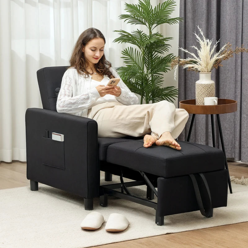Linen-Look Black Single Chair Bed for Stylish Space-Saving Comfort