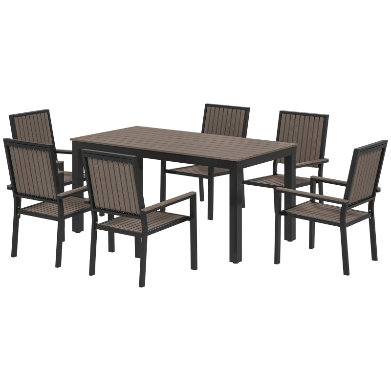 6 Seater Brown Garden Dining Set with Stackable Chairs, Rectangular Plastic Top, Aluminium Frame
