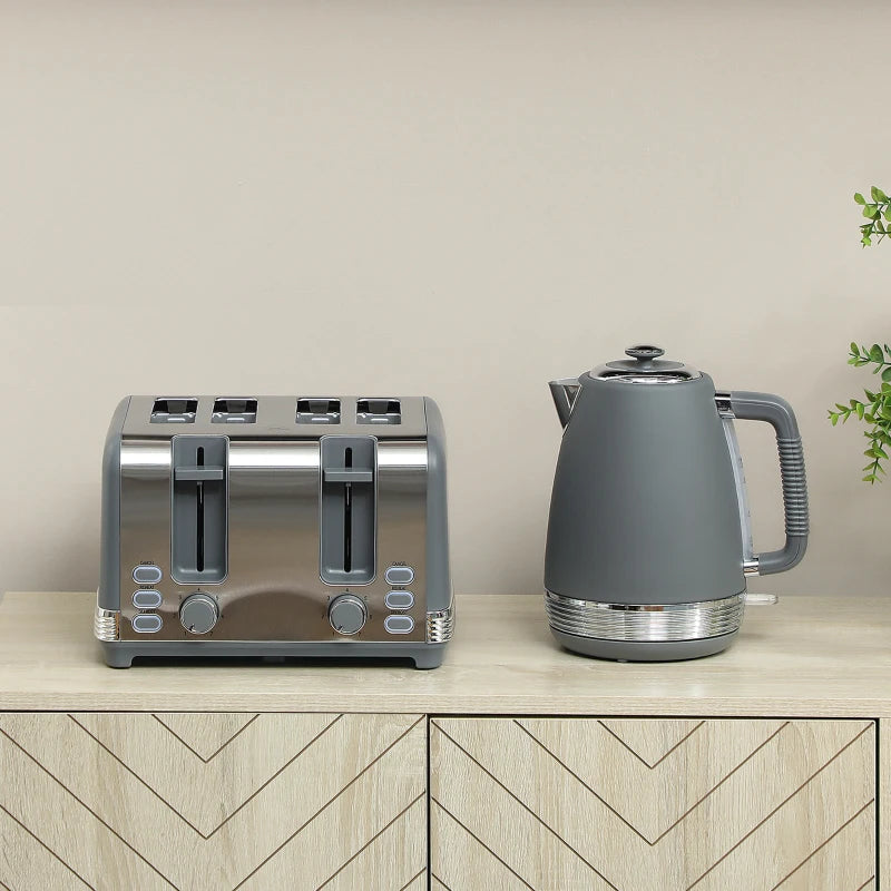 Stainless Steel Kettle & Toaster Set - 1.7L Rapid Boil Kettle with Strix Thermostat & 4-Slice Toaster, Grey/Silver