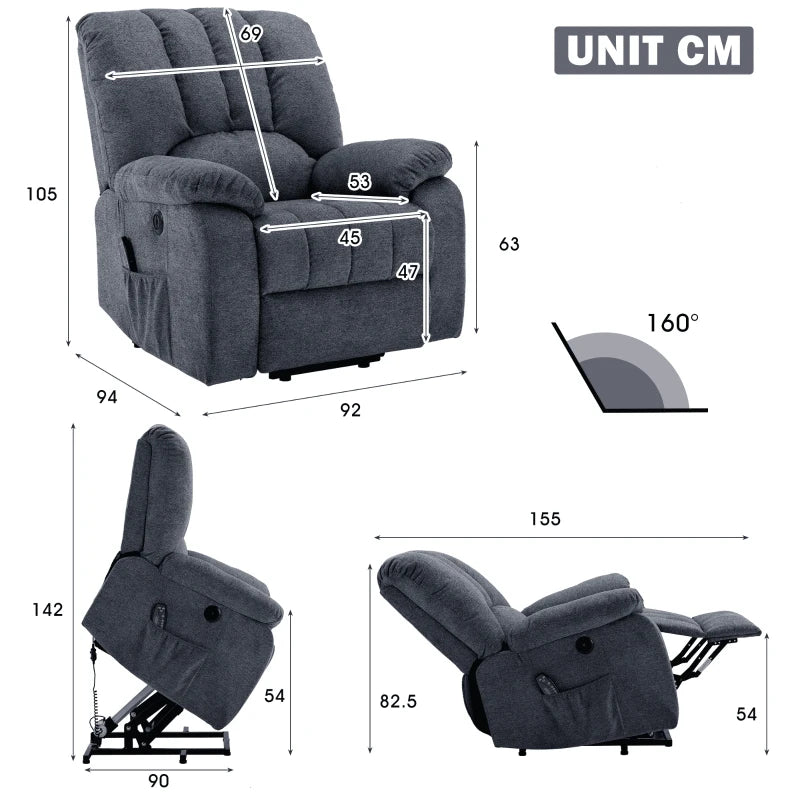Electric Recliner Armchair with Heating, Massage, USB Ports, and Side Pockets - Light Grey-Blue, 92x94x105 cm