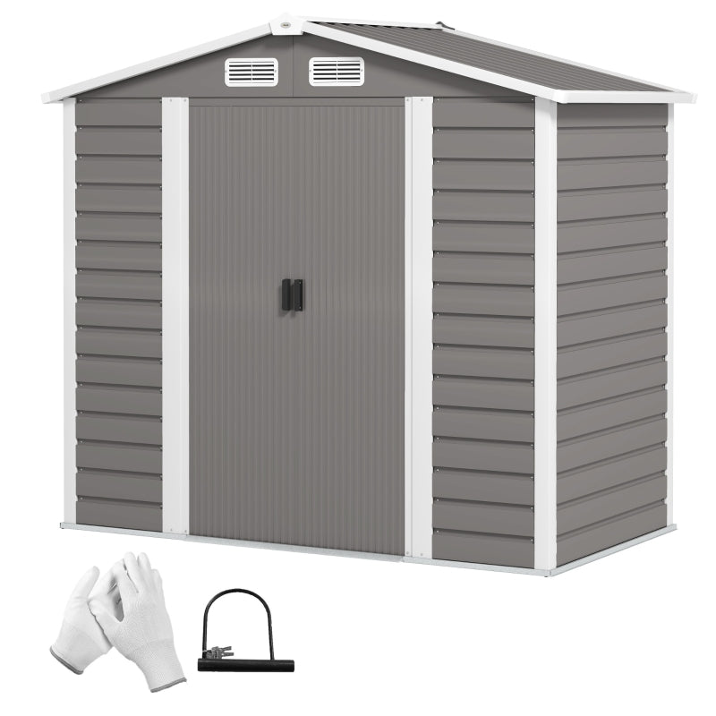7x4ft Metal Garden Shed - Easy Assembly, Galvanised Steel, Double Doors, Vents, Light Grey