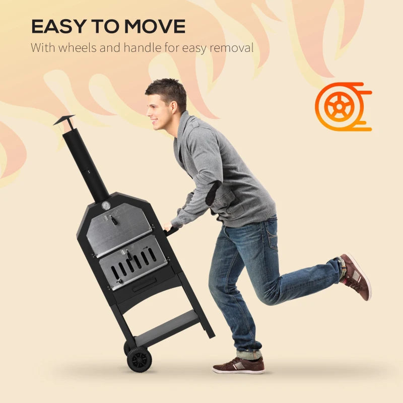 Stainless Steel Outdoor Pizza Oven BBQ Grill - Charcoal, 3-Tier, Chimney, Thermometer, Wheels - Black