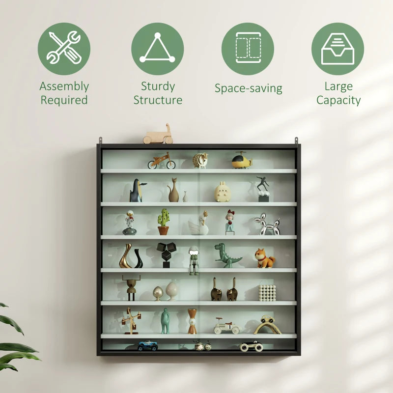 Modern Six Shelf Display Cabinet with Glass Doors - Stylish Black and White Storage Solution for Home or Office
