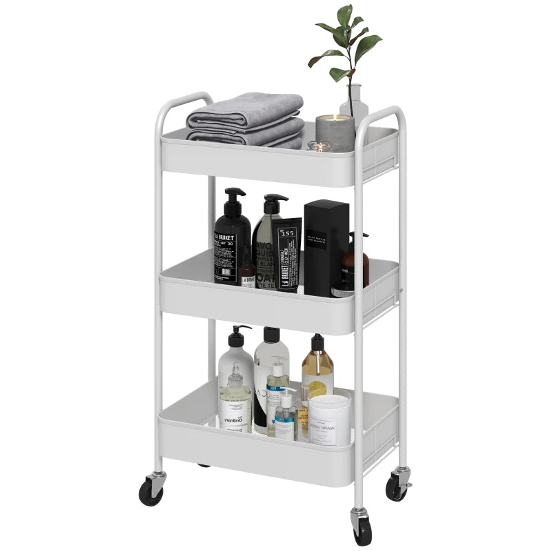 Three-Tier White Steel Storage Trolley - Versatile Rolling Cart for Kitchen, Office, and Home Organization
