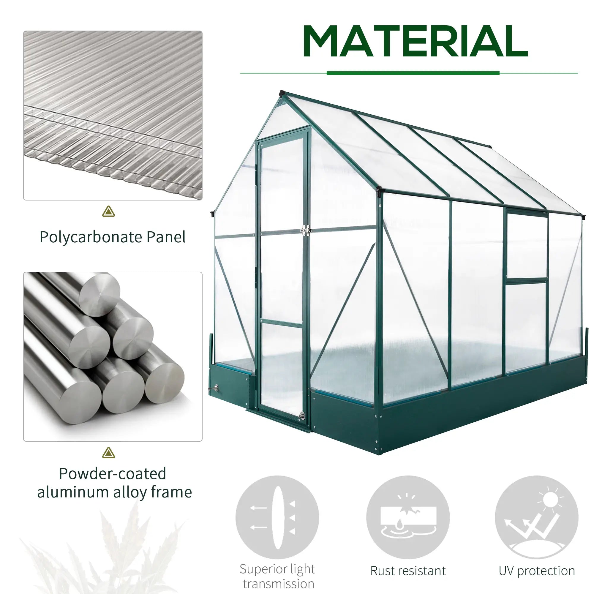 Green 6ft x 8ft Polycarbonate Greenhouse With Aluminium Frame and Temperature Controlled Window and Foundation