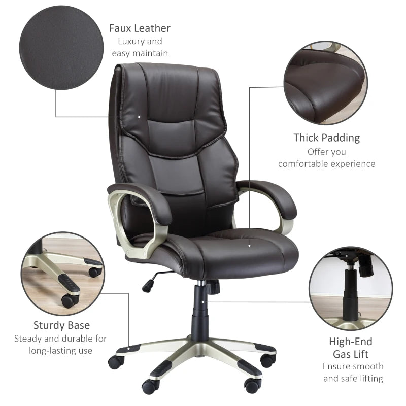 High Back Home Office Chair - Adjustable Faux Leather Desk Chair with Rocking Function in Brown