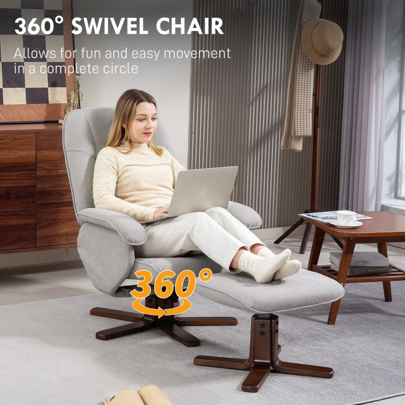Linen Swivel Recliner Chair with Footstool - Upholstered Armchair with Wooden Base for Living Room in Light Grey