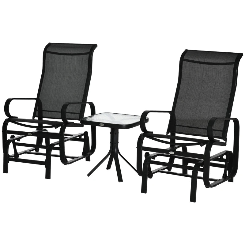 Black 3-Piece Metal Frame Gliding Chair Set with Glass Top Coffee Table