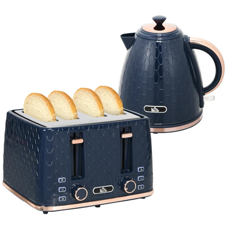 Blue Kettle and Toaster Set - 1.7L Fast Boil Jug Kettle & 4 Slice Toaster with 7 Browning Levels, UK Thermostat