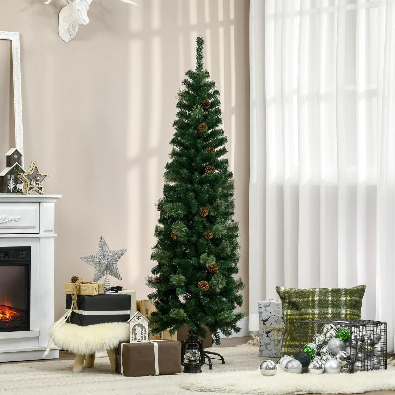5.5FT Slim Pencil Artificial Christmas Tree with Realistic Branches, Pine Cones & Needles - Perfect Xmas Decoration, Green
