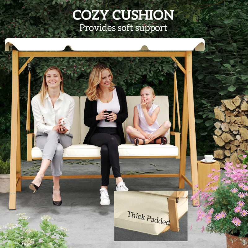 Beige Three-Seater Garden Swing Bench with Adjustable Canopy for Outdoor Relaxation
