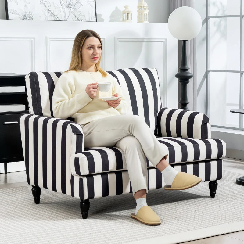 Stylish Velvet Cuddle Chair with Striped Design, Turned Legs and Spacious Seat for Living Room or Bedroom
