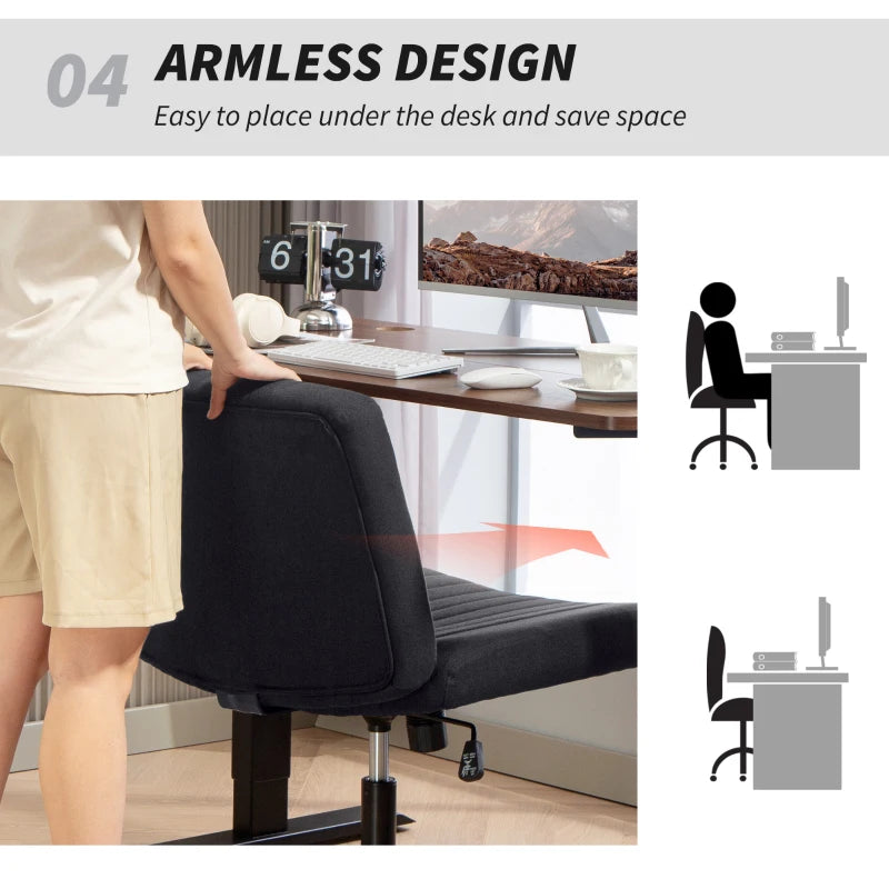Armless Office Chair with Criss Cross Legs Linen Fabric Wide Seat Thick Padding Adjustable Swivel Desk Chair for Home Black