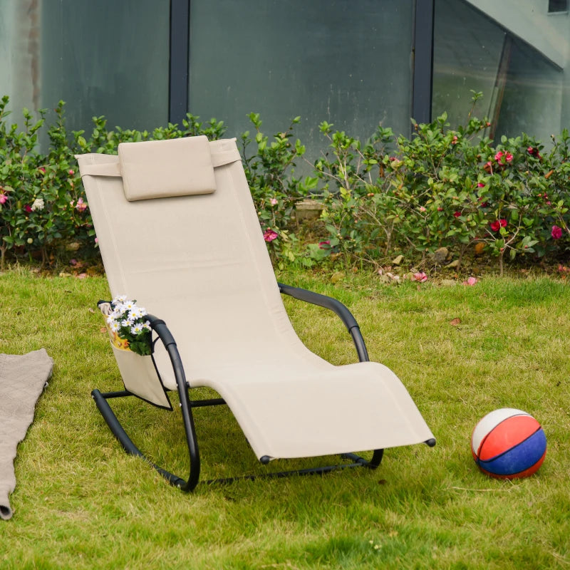 Outdoor Rocking Chair with Mesh Fabric, Headrest, Armrest, Storage Bag - Cream White
