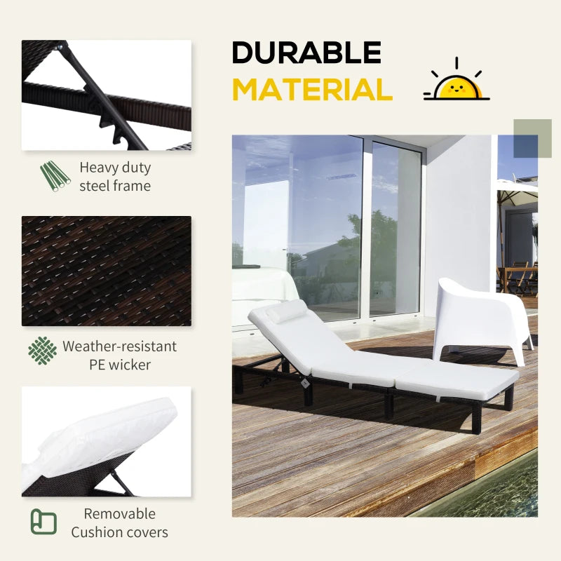 White Rattan Sun Lounger with Padded Cushion & Headrest