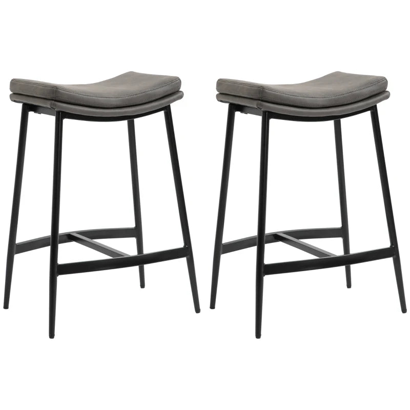 Set of 2 Grey Microfibre Upholstered Bar Stools - Industrial Curved Seat Design with Steel Frame for Kitchen & Dining Room