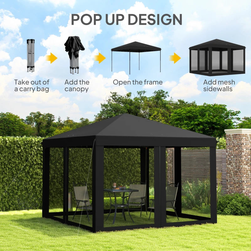 3m x 3m Black Pop Up Gazebo - 420D Garden Tent Canopy with Removable Mesh Sidewall Netting and Carry Bag for Outdoor Patio