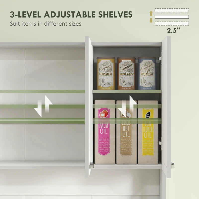 Freestanding White Kitchen Storage Cabinet with 6 Doors Adjustable Shelves and Open Countertop