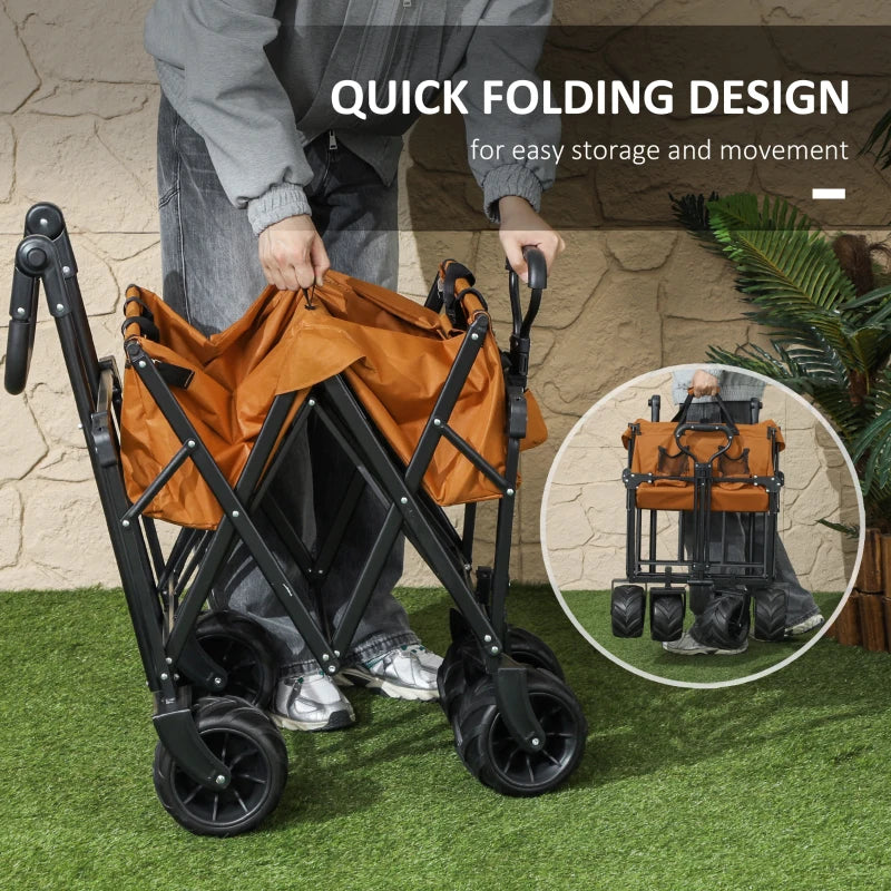Folding Trolley Cart Storage Wagon - Orange 4-Wheel Beach Trailer with Canopy for Shopping and Camping