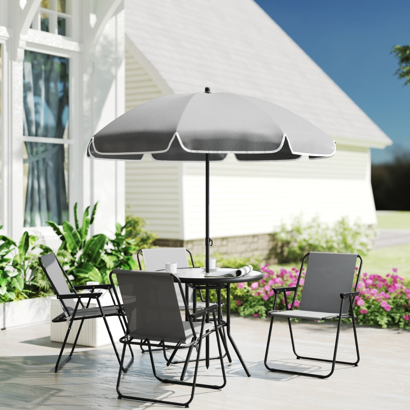 4 Seater Grey Garden Furniture Set - 6 Piece Outdoor Dining Set with Folding Chairs and Round Glass Top Table, Includes Parasol for Patio