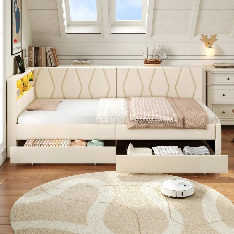 Compact Linen Daybed with Storage Drawers LED Headboard and Charging Station Beige Sofa Bed